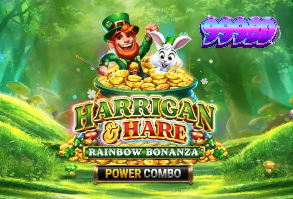 Harrigan & Hare Rainbow Bonanza Power Combo স্লটের রঙিন আইরিশ ল্যান্ডস্কেপ এবং জাদুকরী পরিবেশের দৃশ্য।